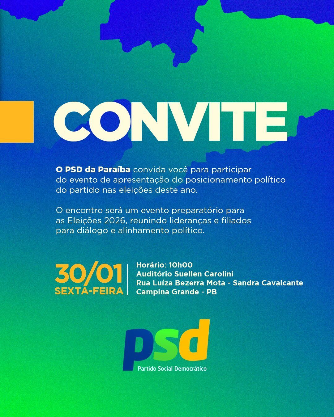 PSD da Paraíba anuncia posicionamento político para 2026 em evento no dia 30, em Campina Grande