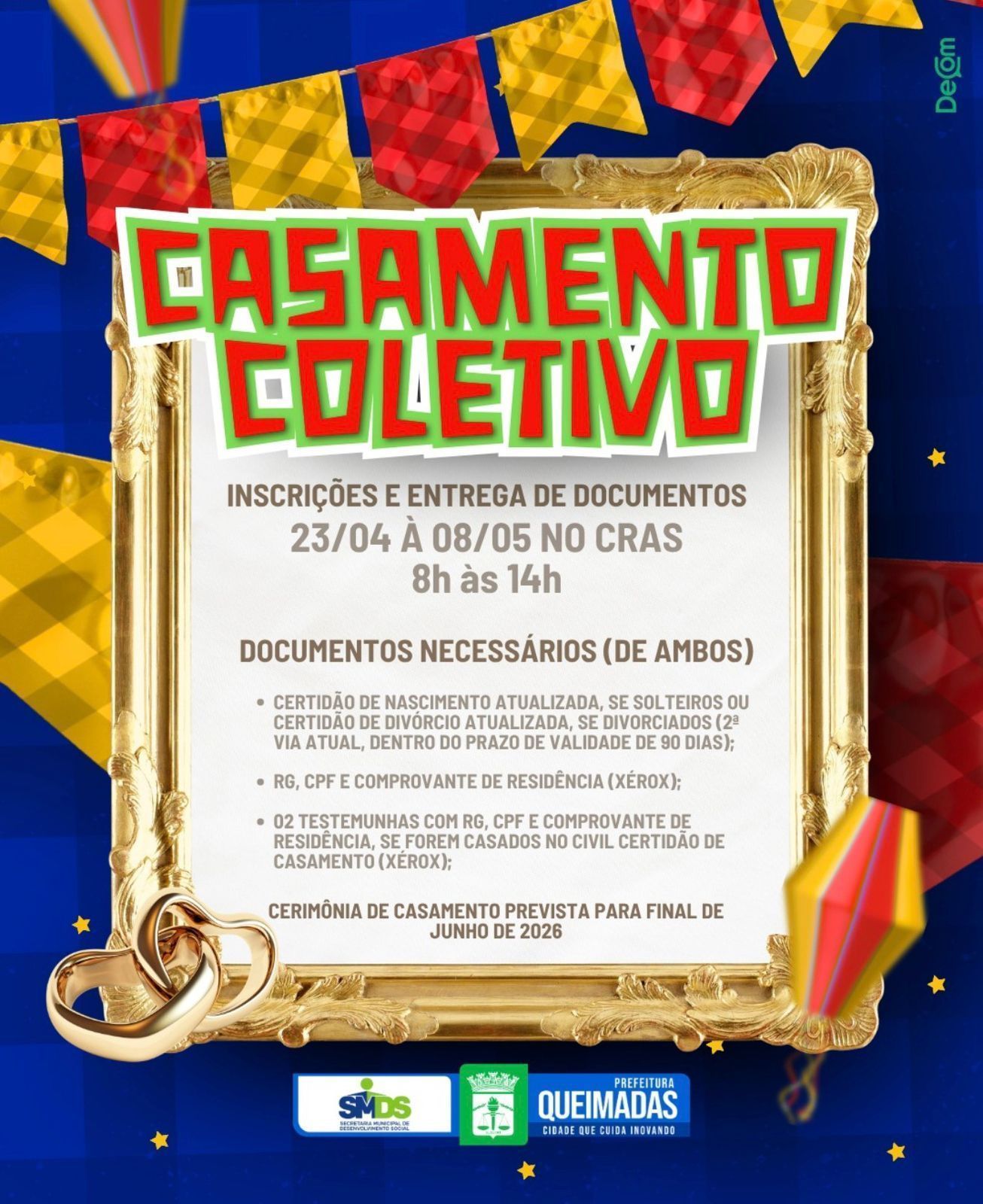 Prefeitura de Queimadas anuncia inscrições para Casamento Coletivo 2026 Prefeitura de Queimadas anuncia inscrições para Casamento Coletivo 2026