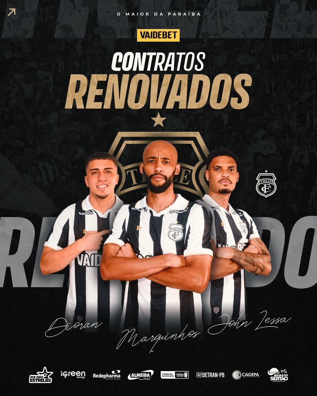 Treze anuncia renovações de John Lessa, Marquinhos e Dioran e prepara novos anúncios até terça
