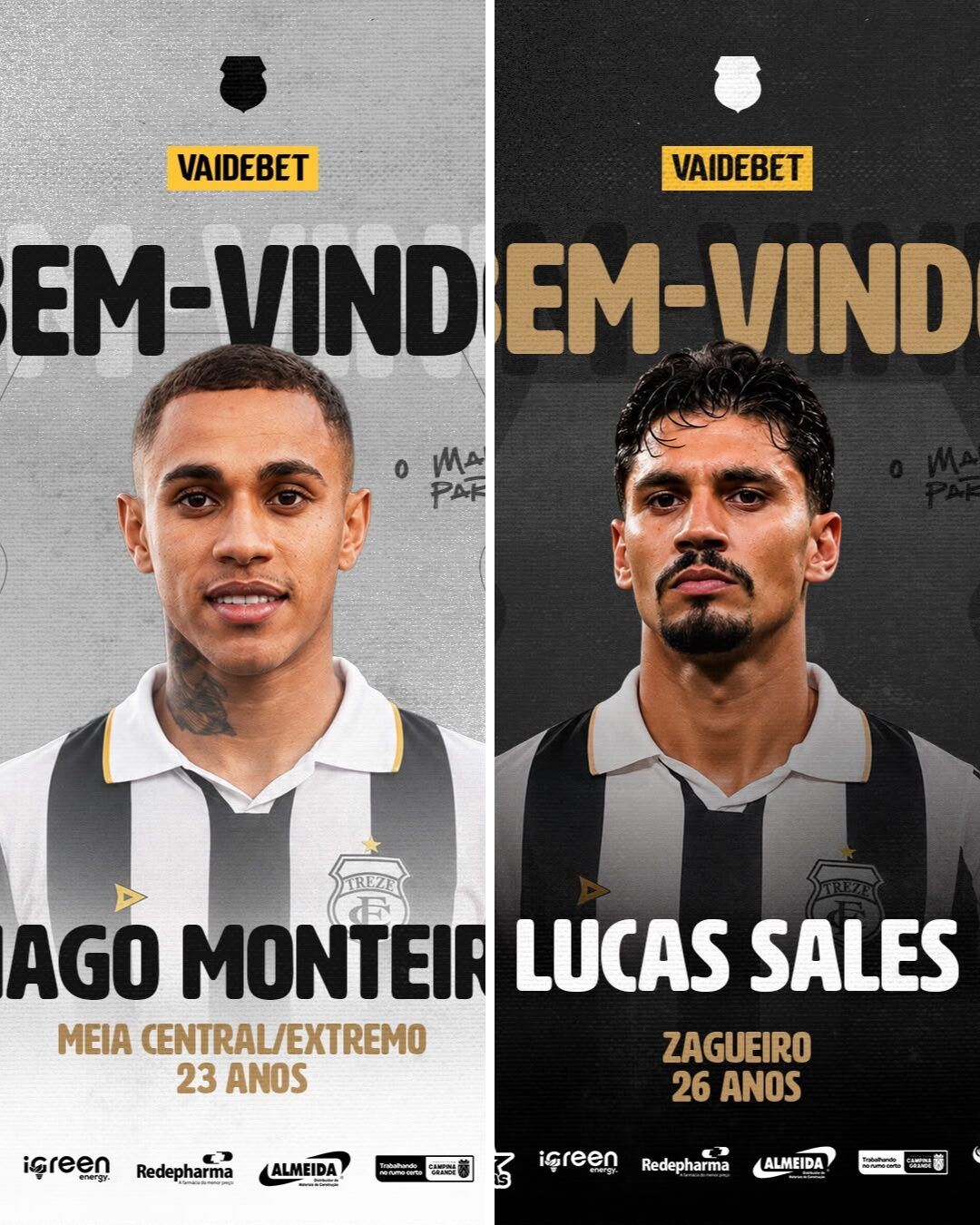 Treze anuncia as chegadas do meia Hiago Monteiro e do zagueiro Lucas Sales