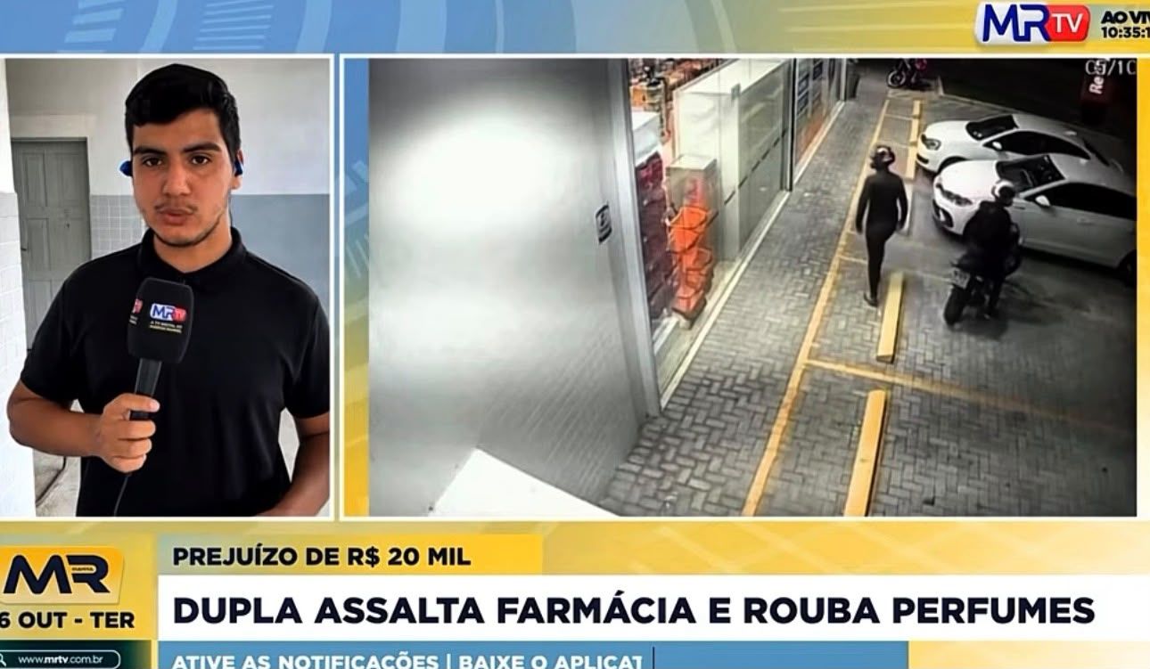Trio armado com martelo invade farmácia, quebra vidraça e rouba produtos em Campina Grande